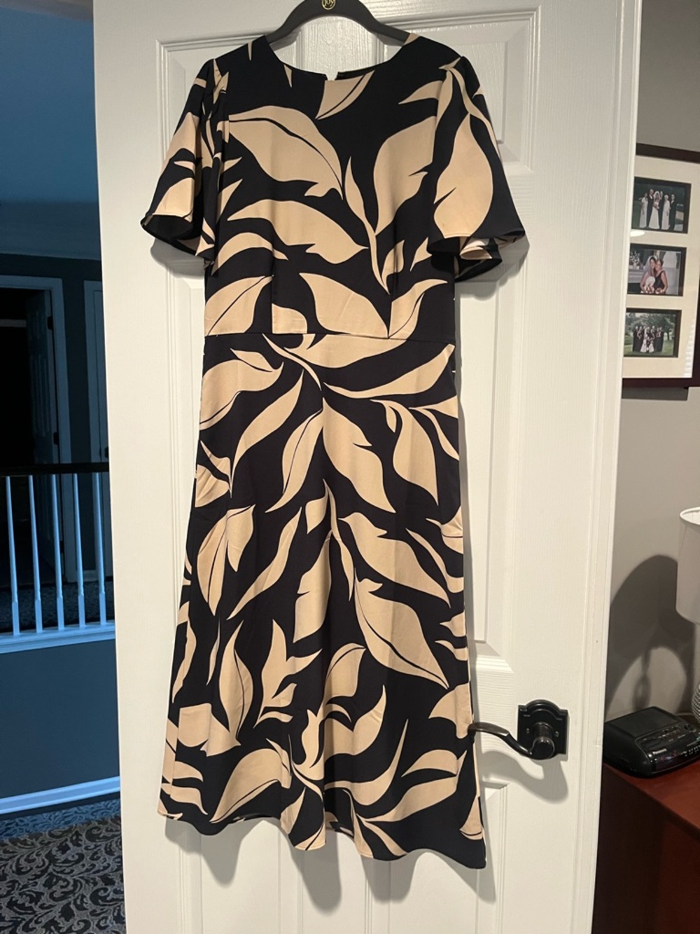 Ann Taylor Black and Beige Leaf-Print Midi Dress
